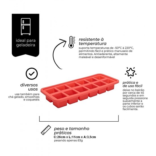 Forma De Gelo Silicone Retangular Vermelha Com Cubos Quadrados
